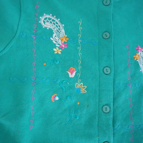 Shenanigans Teal Cotton Embroidered Cardigan Button Front Cottagecore Preppy S - Picture 8 of 11